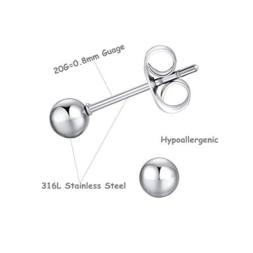 FOSIR 6 Pair Tiny Women 14K Gold Plated Ball Stud Earrings Surgical Stainless Steel Earrings Set, 2-6MM - style: silver-6pair,5mm