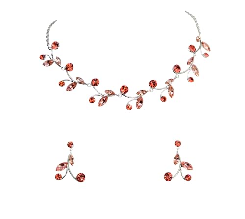 Faship Gorgeous Rhinestone Crystal Floral Necklace Earrings Set - color: Coral