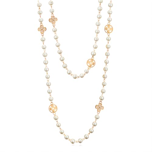 Long Pearl Necklace for Women, 8mm Simulated Pearl Strand Necklace, Layered Multi Strand Gold Beaded Necklace, 58" No Clasp Wrap Necklace Vintage Costume Jewelry Gift - style: 00-Long pearl necklace-Gold