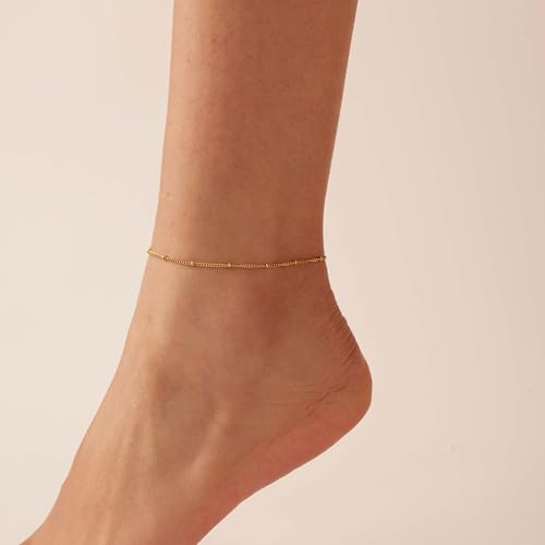 Dainty Ankle Bracelets for Women 18K Gold Plated Satellite Beaded Herringbone Lip Chain Anklets Simple Minimalist Summer Beach Foot Jewelry Christmas Gifts - color: Satellite-Gold