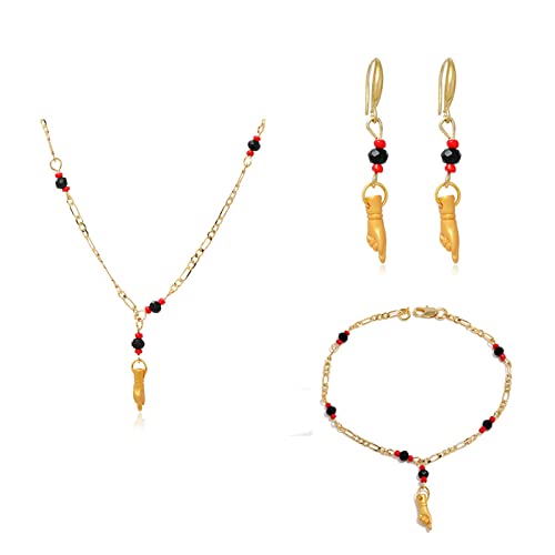 Caiyao Azabache Hand Figa Charm Stainless Steel Link Chain Bracelet Pendant Necklace Drop Dangle Earring Set for Women Men Kabbalah Amulet Protection Good Luck Jewelry - color: C gold