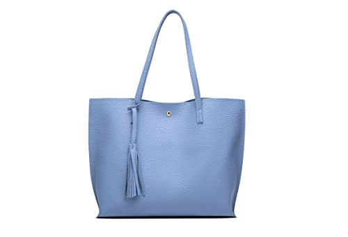 Dreubea Women's Soft Faux Leather Tote Shoulder Bag from, Big Capacity Tassel Handbag - color: Blue
