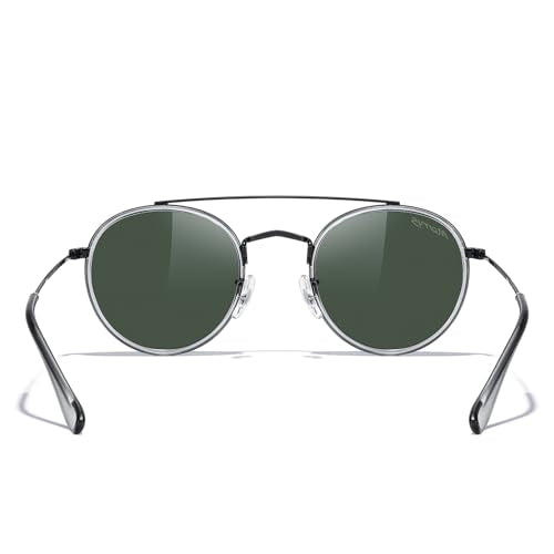 MERRY'S Retro Round Polarized Sunglasses - Unisex Double Bridge Sun Glasses - color: Tra Gray Frame/Black Bridge/G15 Lens