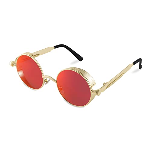 FEISEDY Retro Gothic Steampunk Sunglasses Round Metal Frame Punk Circle Inspired Shade Men B1857 - color: Gold/Red Mirrored