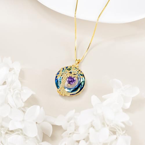 POPLYKE Mothers Day Gifts for Mom Her Wife Tree of Life Necklace 925 Sterling Silver Birthstone Pendant with Crystal Anniversary Birthday Wedding Jewelry for Women - color: 02-Feb-Amethyst, style: 18K Gold Plated-Blue Crystal