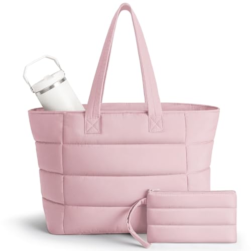 Puffer Tote Bag with Pouch, Women's Lightweight Quilted Shoulder Bag, 15.6"/17.3 Laptop Travel Weekender for Work & Nurses - color: Pink, size: Large