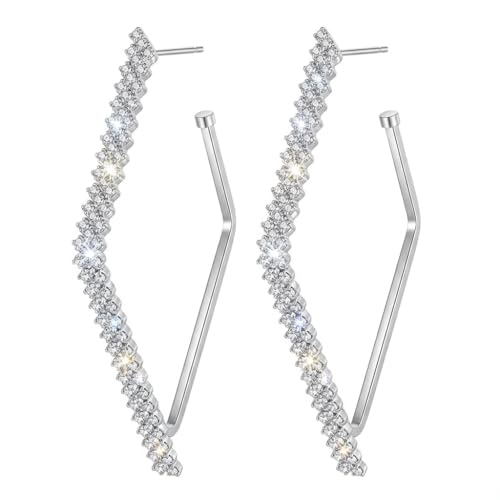 Rhinestone Geometric Hoop Stud Earrings for Women - Sparkly Crystal Statement Jewelry for Evening Parties, Weddings and Special Occasions - color: Silver