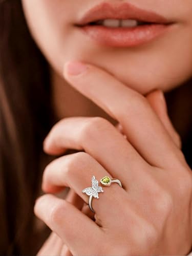 Bestyle 925 Sterling Silver Butterfly Ring Hypoallergnic Adjustable Birthstone Rings for Women Butterfly Jewelry Gifts for Anniversary Mothers' Day Birthday - color: 08.August (Peridot)