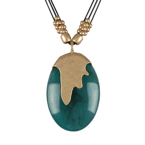 GelConnie Long Necklaces for Women Boho Large Pendant Necklace Casual Bohemian Brown Leather Choker Sweater Circle Statement Stone Necklace - style: Oval Green Stone Necklace