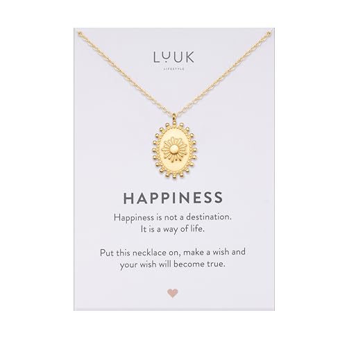 LUUK LIFESTYLE Minimalist necklace with rainbow pendant, HAPPINESS slogan card, symbol of diversity, waterproof stainless steel, gift for women, trendy, chic, silver - color: Gold, size: Boho Sun