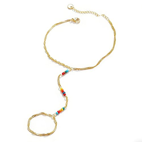 Hand Chain Bracelets for Women - 14K Real Gold Plated Dainty Stackable Paperclip Link Bracelets Hand Chain Bracelet Ring Gold Bracelets for Women Trendy - color: Colorful Singapore Hand Chain