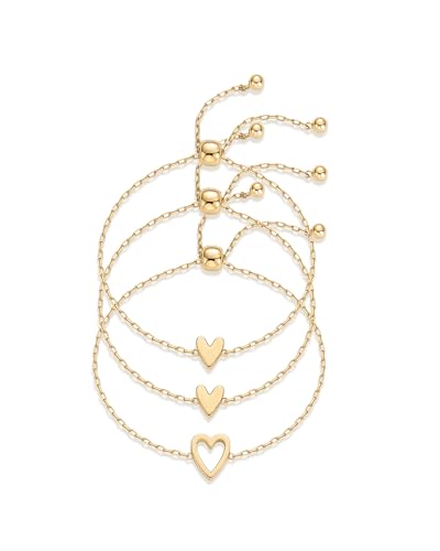 PAVOI 14K Gold Plated Matching Heart Charms Solitaire Bracelet Set for Women | Adjustable Valentines Day Love Friendship Two Bracelet Pack - style: 3-Piece Set