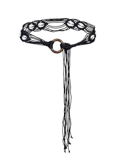 TeeYee Women's Waist Belt Adjustable Boho Style Handwoven Bohemia Tassel Rope Tie with Wooden Beads Braided Chain for Dress - color: Bw0269black