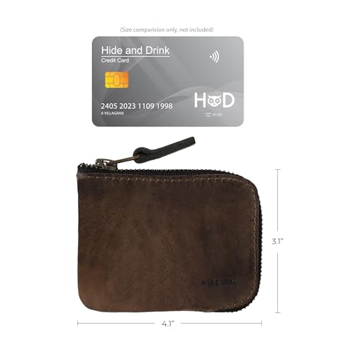 Hide & Drink, Full Grain Leather Zippered Card Wallet for Men and Women, Coin Pouch, Money Holder, Pocket Organizer, Handmade, Bourbon Brown - color: Bourbon Brown