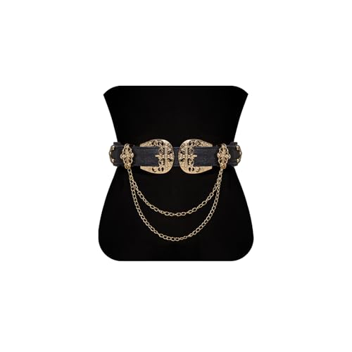 Dubulle Womens Belt Chain Leather Belts Vintage Western Adjustable Elastic Double Buckle for Cowboy Pant Dress - color: Gold Black Chain