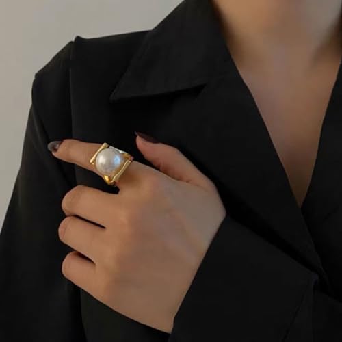 OIDIMS Exaggerated Pearl Statement Band Ring Stainless Steel Y Shaped Unique Style Big Rings Personalized Finger Comfort Fit Jewelry for Women Fashion Gift Birthday Xmas - size: 8