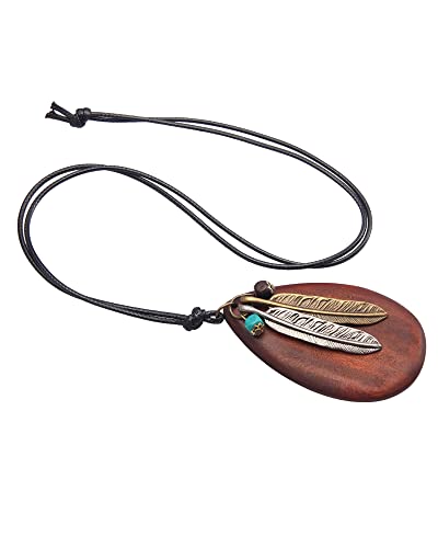 GelConnie Leather Cord Necklace Chain Multilayer Wooden Pendant Necklaces Vintage Jewelry Boho Long Sweater Necklace for Women Men - color: Feather Wood Necklace