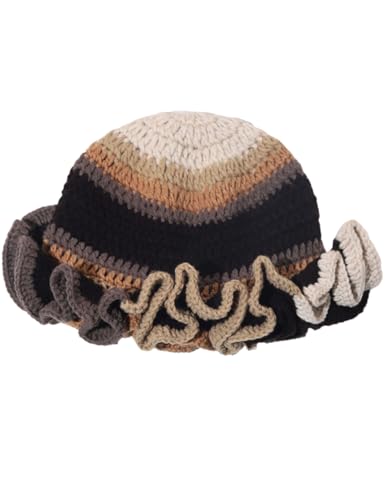 KORADI Womens Crochet Bucket Hat Ruffled Brim Knitted Hats Winter Boho Handmade Caps - color: Coffee