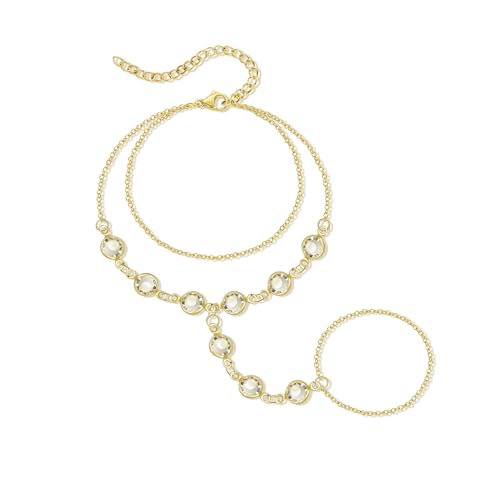 Hand Chain Bracelet Stainless Steel Finger Ring Bracelet Adjustable Gold Plated Hand Chain CZ Stackable Boho Minimalist Jewelry for Women - color: Gold Hand Chain Bracelet AN143G