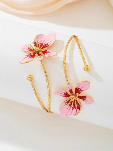Flower Arm Cuff for Women Floral Upper Arm Bracelet Pink Flower Jewelry Gold Tone Adjustable Upper Arm Cuff Jewelry for Party and Daily Wear
