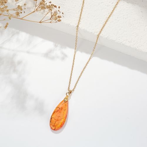 Joya Love 14K Gold Plated Healing Stone Teardrop Pendant Necklace for Women, Waterproof Stainless Steel Chain, Colorful Natural Stone Look, Boho Spiritual Jewelry Gift - color: Orange -Gold
