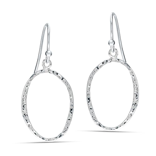 LeCalla Sterling Silver Dangle Earrings for Women | 925 Sterling Silver Long Interlocked Handmade Textured Drop Earring for Women - color: Hammered Open Circle