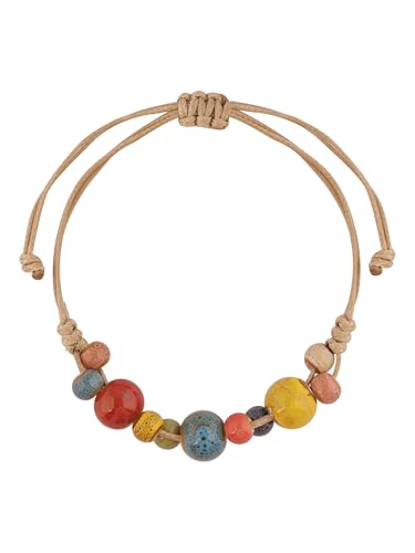MINACHI Bohemian Colorful Ceramic Bead Adjustable Leather Bracelet, Boho Hippie Summer Jewelry Gift for Women - color: S04