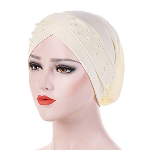 Women Beaded Silky Beanie, Pre-Tied Turban Head Wrap Cap for Chemo Chemical Cancer Hair Loss Cover Hat - color: Beige