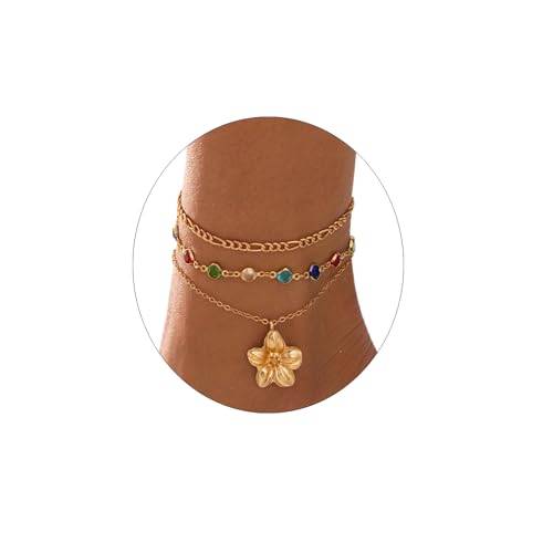 Fashion Layered Flower Charm Anklet for Women Golden Cuban Link Chain Tassel Waterproof Ankle Bracelet Adjustable Beach Vacation Foot Jewelry Summer Accessories - color: Gold