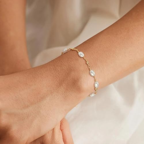 SLOONG Gold Pearl Bracelets for Women Trendy, 14K Gold Plated Dainty Stackable Layered Chain Bridesmaid Bracelets, Waterproof Wedding Jewelry for Women Adjustable 6"+2" - color: 1.Style3(Pearl)