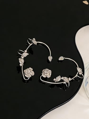 2PCS Ear Cuff Earrings for Women No Piercing Flower Climber Wrap Around Earrings Crawler Rhinestone Wrap Earring Fairy Ear Clip Jewelry Gifts - color: style2-silver
