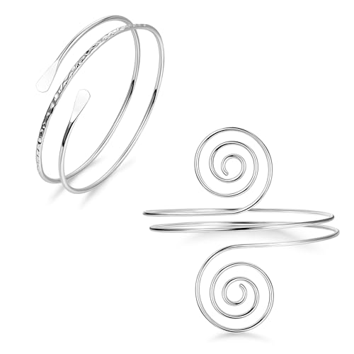 2Pcs Gold Arm Cuff for Women Adjustable Arm Cuff Bracelet Minimalist Open Coil Upper Arm Band Cuff Bangle Set - style: Silver E
