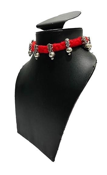 athizay Boho Charm Thread Choker Necklace – Braided Bohemian Choker with Oxidized Silver Dangle Charms | Handmade Boho Jewelry for Women - color: Red, Silver
