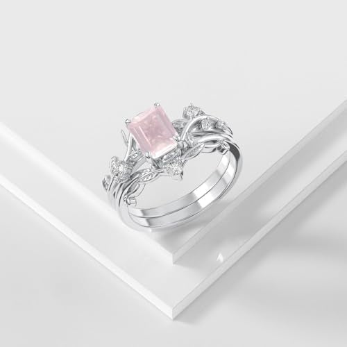 Natural Moss Agate Ring for Women 925 Sterling Silver Pear/Oval/Kite/Heart/Hexagon/Emerald/Coffin Cut Green Leaf Moss Agate Engagement Ring Promise Bridal Set Anniversary Birthday Jewelry Gifts - color: Emerald Cut Rose Quartz