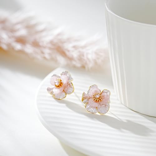 Pink Flower Earrings for Women, 925 Sterling Silver Stud Earrings, Cute Plumeria Earrings For Women, Cherry Blossom Hypoallergenic Stud - color: Pink Peach Blossom