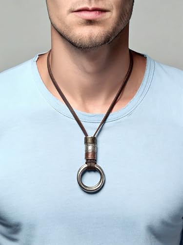 Kelake Leather Necklace for Women Men Teen Vinatge Boho Alloy Pendant Choker Jewelry Fashion Sweater Necklaces with Adjustable Genuine Leather Chain - color: Antique Silver Double Rings Pendant