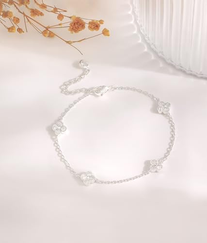 Dainty Silver Gold Bracelets for Women Trendy Non Tarnish 14K Gold Plated Cute Clover Bracelet Stackable Daisy Cubic Zirconia Diamond Charm Bracelet Stack Waterproof Jewelry Gifts - color: 01- Dainty Bracelet- Silver