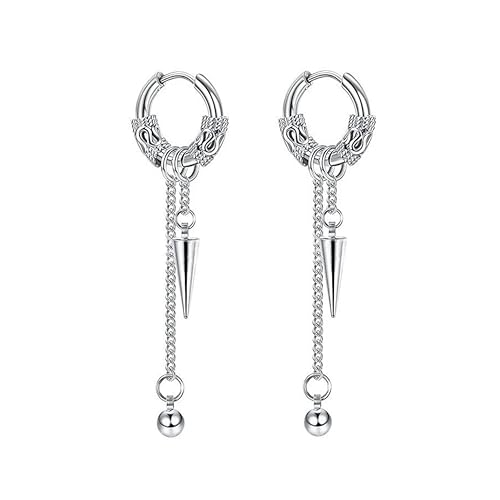 Sonateomber Gothic Silver Black Small Hoop Earrings for Women Men, Punk Hip Hop Engrave Beaded Goth Dangle Drop Earings Halloween Costumes Accessories Prom Fashion Jewelry Gift - color: Silver Spike