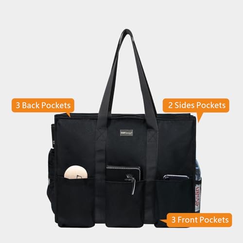 TOPDesign Utility Water Resistant Tote Bag with 13 Pockets, Top Zipper Closure & Thick Bottom Support, for Working Women - color: Black, size: Medium