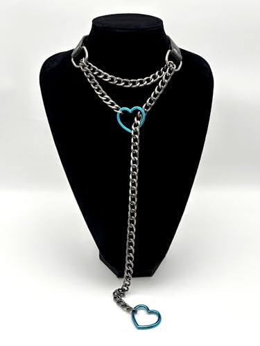 Black Leather Choker Collar For Women, Handmade Heart Slip Chain Choker Long Necklace with Adjustable Buckle - color: B-Black-Black-Blue, size: 24''chain