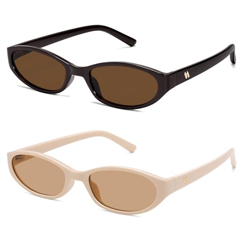 Retro Oval Sunglasses for Women Men Y2k Narrow Cat Eye Sunnies Skinny Shades AR82299 - color: B08 Chocolate/Brown+beige/Light Tea