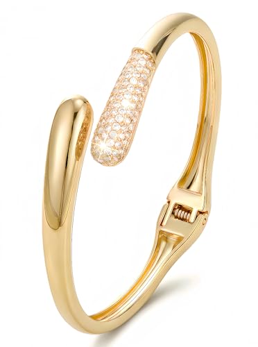 Gold Cuff Bracelets for Women, 14K Gold Plated Open Cuff Bangle Bracelet with CZ Pave, Minimalist Stackable Chunky Gold Bracelet for Women - color: Gold CZ Cuff