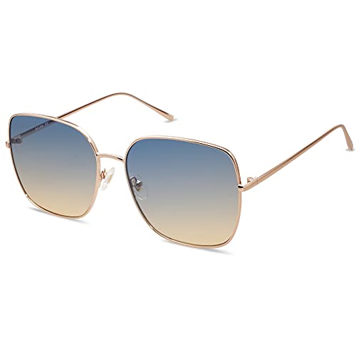 SOJOS Trendy Oversized Square Metal Frame Sunglasses for Women Men Retro Big Flat Lens UV Protection Sunglasses SJ1146 - color: Rose Gold/Gradient Bluish-brown