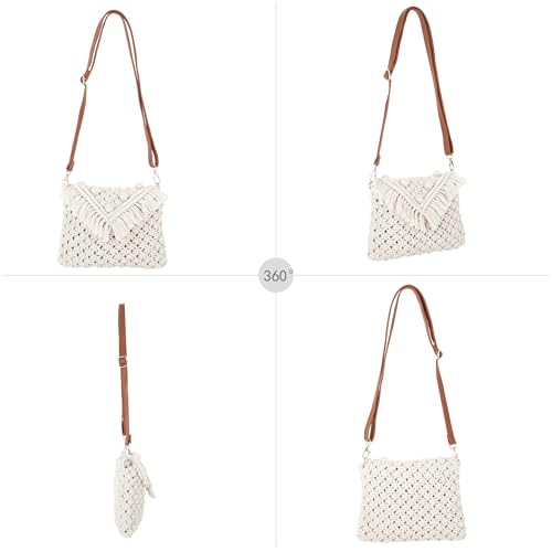 Goclothod Women Crochet Fringed Shoulder Bag Cotton Tassel Crossbody Bag Hippie Beach Purse - color: Crochet Cream