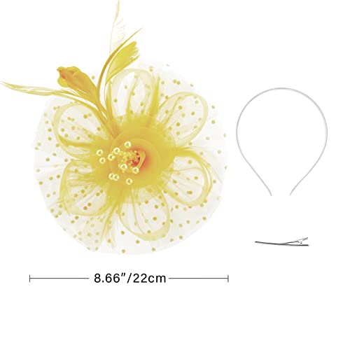 DRESHOW Fascinators Hat Flower Mesh Ribbons Feathers on a Headband and a Clip Tea Party Headwear for Girls and Women - color: 7" Diameter / Ginger
