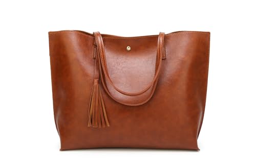 Dreubea Women's Soft Faux Leather Tote Shoulder Bag from, Big Capacity Tassel Handbag - color: Brown New Style