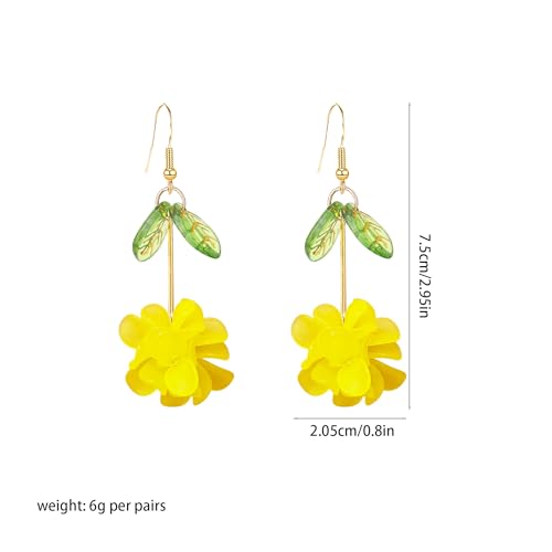 Resin Flower Cluster Ball Dangle Drop Earrings for Women Spring Summer Bohemian Floral Petal with Green Leaf Earrings Vacation Party Jewelry - color: Yellow