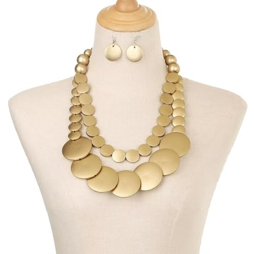Zian Colorful Wooden Round Beaded Necklace Earrings Jewelry Set for Women Multicolor African Wood Beads Geometric Ethnic Choker Bohemian Statement Accessories - color: Color Gold