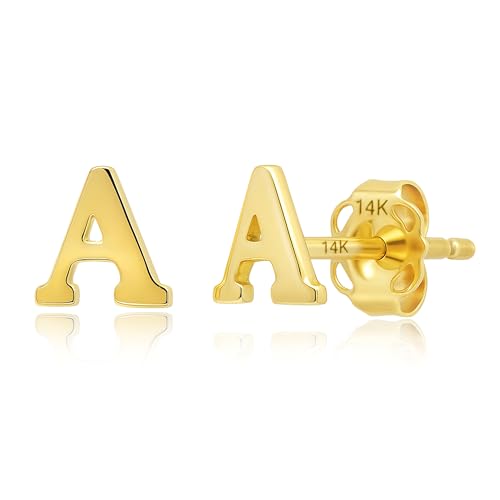 14k Gold Small Script Initial Letter Stud Earrings for Women | Anti Tarnishing 5mm 14k Gold Studs | A-Z Alphabet Earrings with Gift Box by MAX + STONE - style: A | Yellow Gold