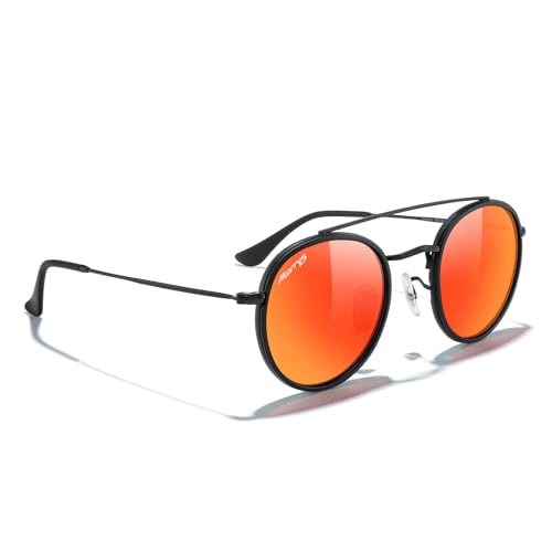 MERRY'S Retro Round Polarized Sunglasses - Unisex Double Bridge Sun Glasses - color: Matte Black Frame/Matte Black Bridge/Red Mirror Lens